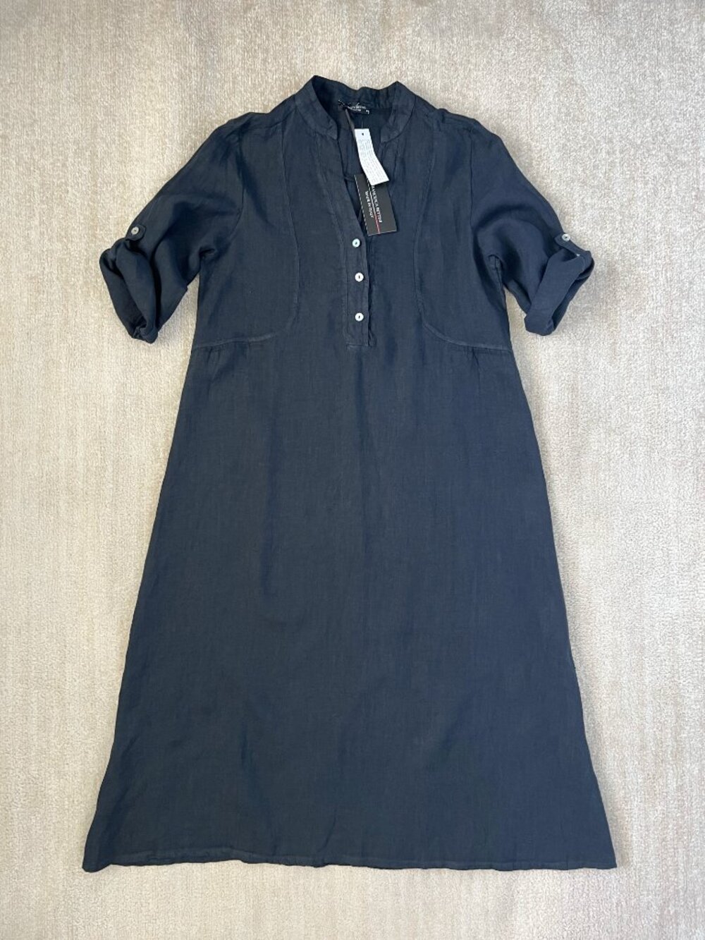 NWT Francesca Bettini Blue Linen Shirt Dress Roll Tab Sleeve M Made in Italy